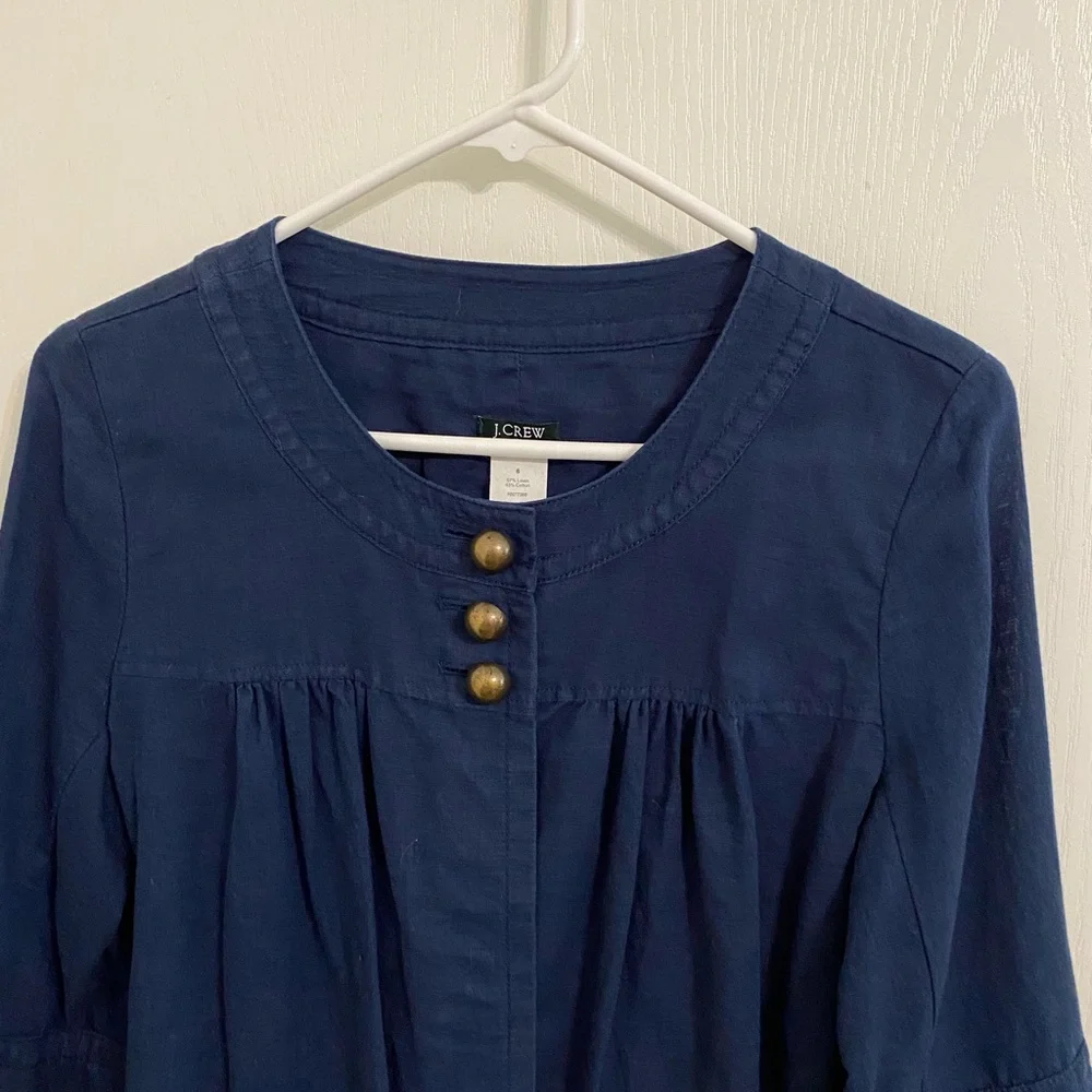 J. Crew Linen Blend Women's 6 Navy Lightweight Jacket Coverup 3/4 Sleeve Ruffle